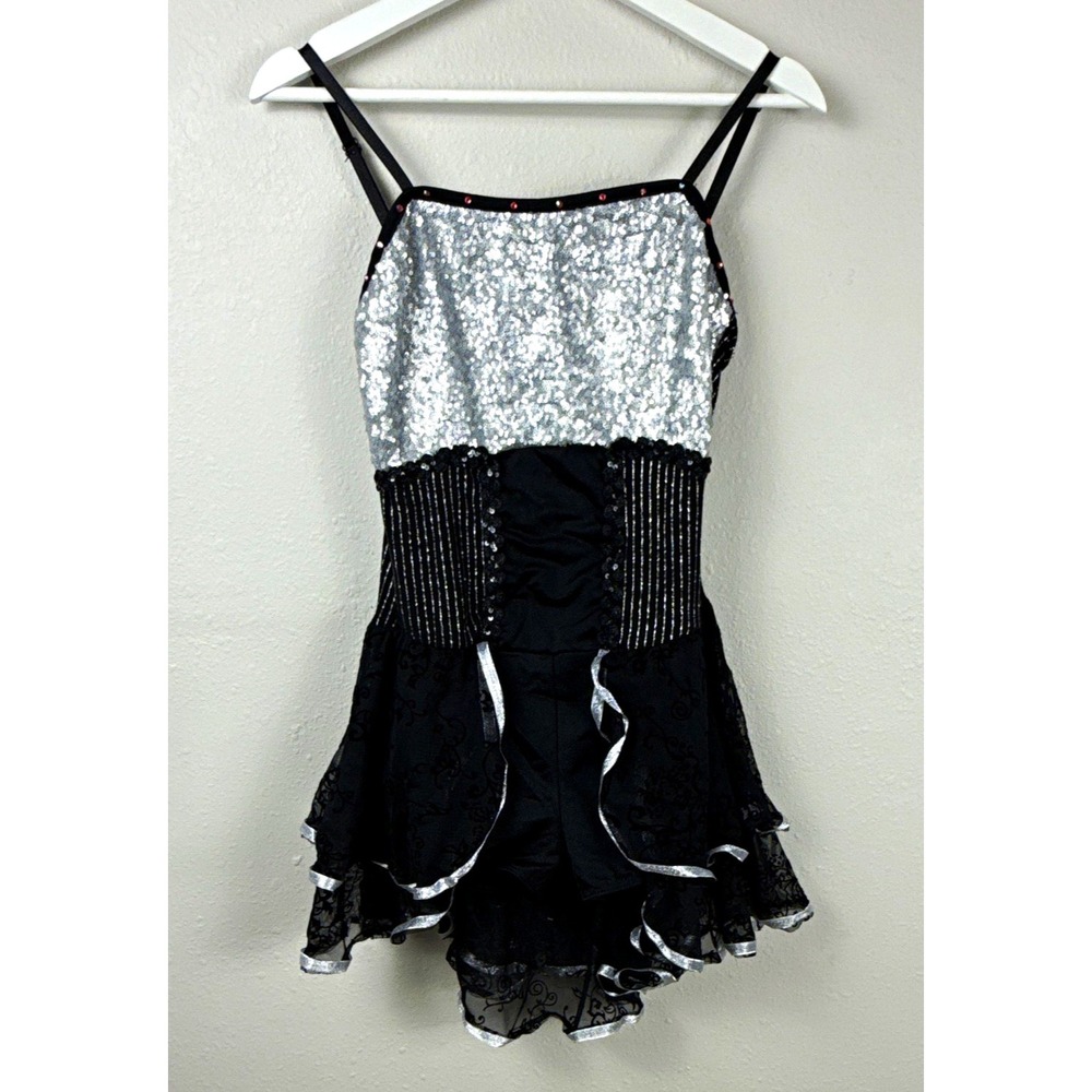 Dansco Womens M Black Silver Sequin Dance Costume Romper Skirt Jazz Tap Made USA